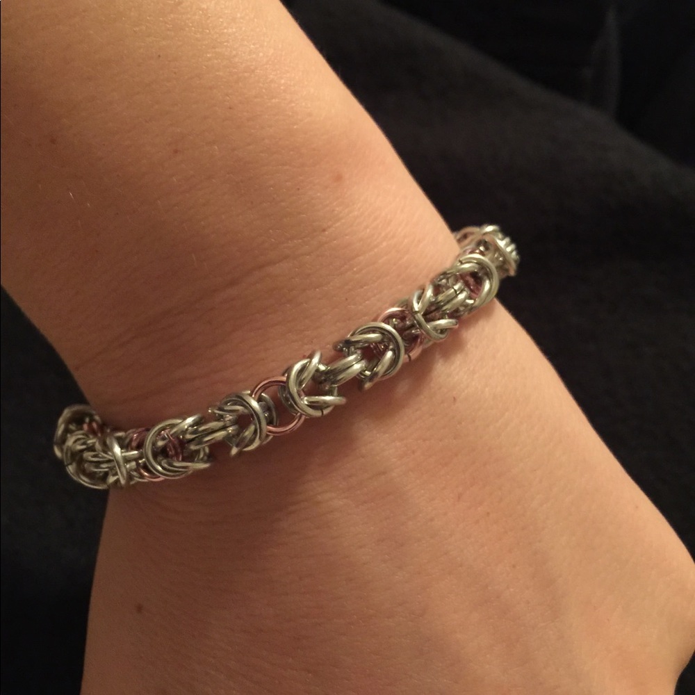 Silver and Pink Byzantine Chainmail Bracelet